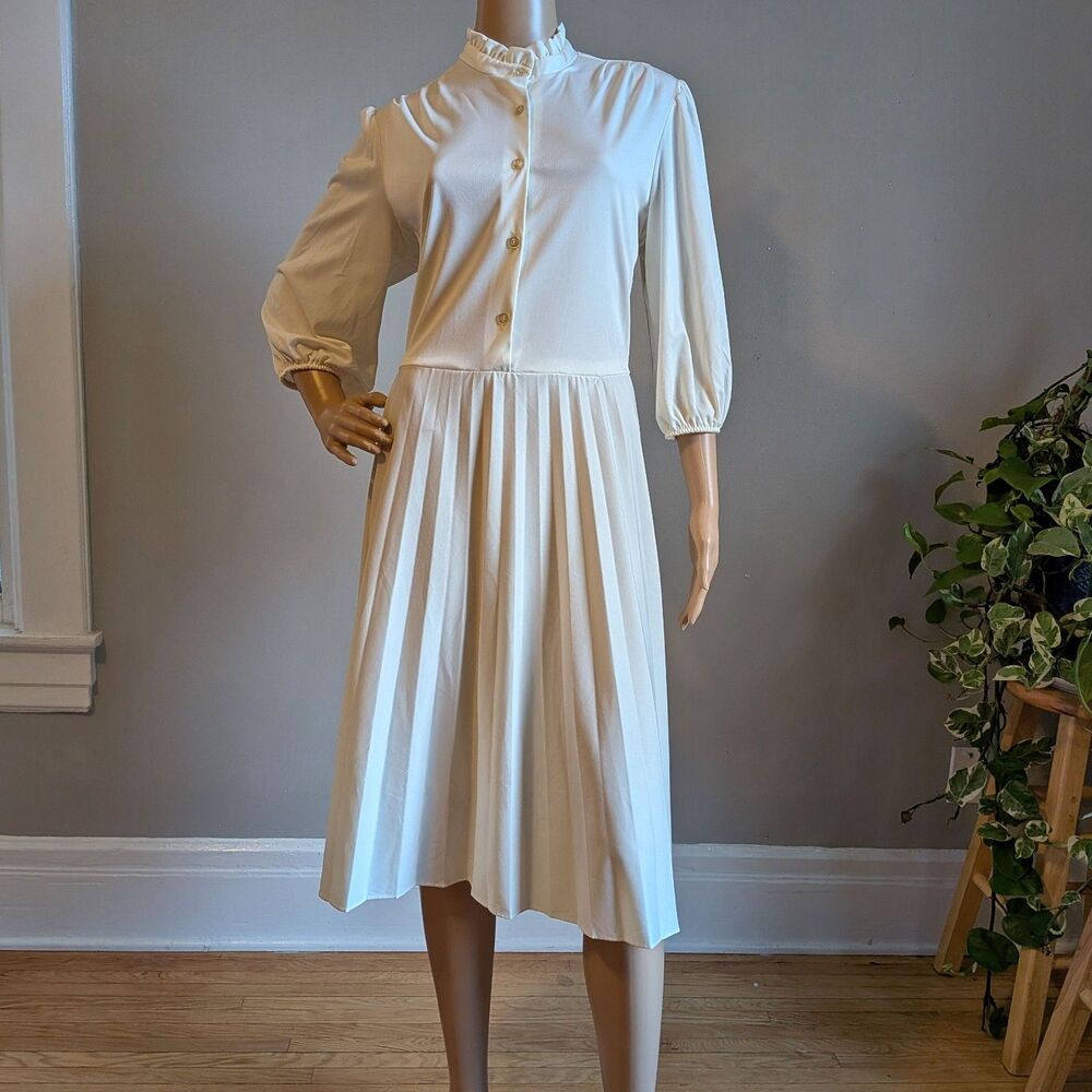 Vintage 80s White Midi Dress High Neck Button Front Victorian Pleated Size 12